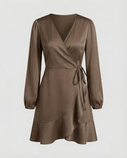 Damen Glänzende Bindegürtel Wickel-Minikleid – Braun