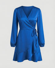 Damen Glänzende Bindegürtel Wickel-Minikleid – Kobaltblau
