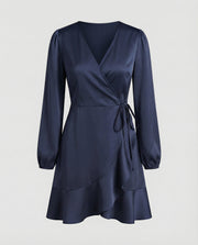 Damen Glänzende Bindegürtel Wickel-Minikleid – Marineblau
