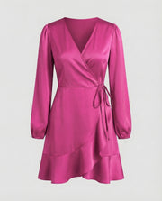Damen Glänzende Bindegürtel Wickel-Minikleid – Pink