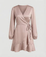Damen Glänzende Bindegürtel Wickel-Minikleid – Rosa