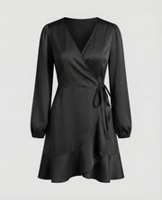 Damen Glänzende Bindegürtel Wickel-Minikleid – Schwarz