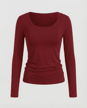 Damen Figurbetonte Stretch Modaljersey Langarmshirt – Weinrot