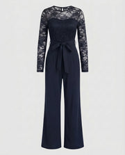 Damen Eleganter Jumpsuit mit Spitzenoberteil und tailliertem Bund – Marineblau