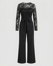 Damen Eleganter Jumpsuit mit Spitzenoberteil und tailliertem Bund – Schwarz