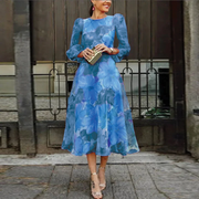 Mich | Damen Midikleid Blumenmuster Langarm Chiffon Festlich – Blau