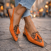 Delisia - Handgefertigte Sandalen mit Quastenriemen – Orange und Leopard