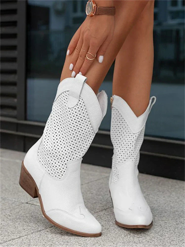 Damen-Vegan-Leder-Stiefel mit perforiertem Design