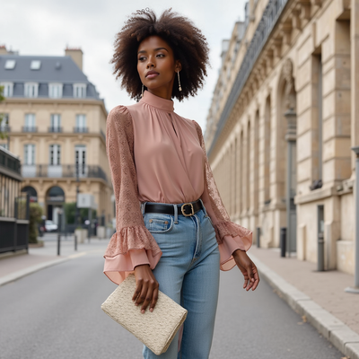 Edle Bluse | Transparente Ärmel & Stehkragen | Feminine Eleganz