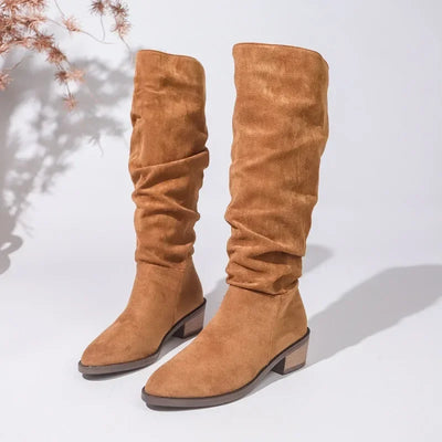Kniehohe Stiefel | Veloursoptik | Geraffter Schaft