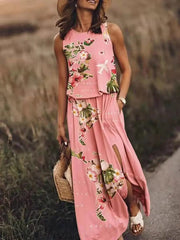Nina | Damen Maxikleid Ärmellos Rundhals Muster Sommer – Rosa