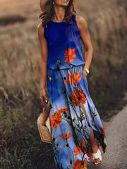 Nina | Damen Maxikleid Ärmellos Rundhals Muster Sommer – Blau