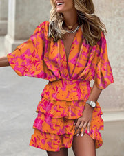 Zoe | Damen Minikleid Paisley Print V-Ausschnitt Rüschenrock – Orange