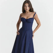 Midi-Kleid mit Blumenmuster für Damen | Korsett mit Seitenschlitz – Marineblau