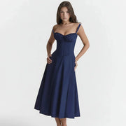 Linsay Blumenkleid – Midi-Kleid mit Korsett & Seitenschlitz – Marineblaues Linsay
