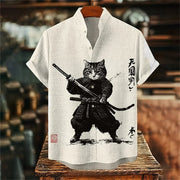 Ulric - Hemd mit Küstenmotiv und Knopfleiste – Katze-Samurai
