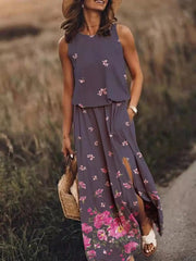 Nina | Damen Maxikleid Ärmellos Rundhals Muster Sommer – Lila
