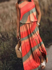 Nina | Damen Maxikleid Ärmellos Rundhals Muster Sommer – Streifen