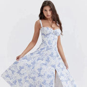 Midi-Kleid mit Blumenmuster für Damen | Korsett mit Seitenschlitz – Blaues Blumenmuster