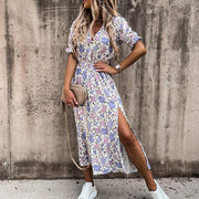 Maja | Damen Sommerkleid Blumenmuster V-Ausschnitt Schlitz – Grau