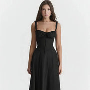 Midi-Kleid mit Blumenmuster für Damen | Korsett mit Seitenschlitz – Schwarzes