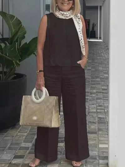 Zweiteiliges Damen Sommer-Set aus Leinen mit Ärmelloser Bluse – Maelis