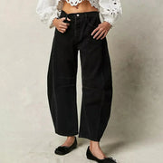 Nora | Damen Barrel Leg Jeans Weites Bein High Waist Freizeithose – Schwarz