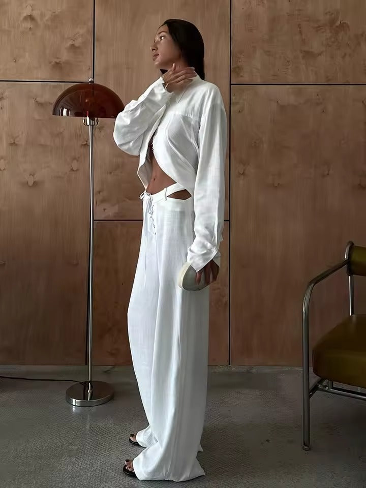 Luftig & Stylisch Zweiteiler aus Leinen mit Langarmshirt und Hose Damen – Nayela