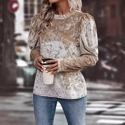 Langarm-Samtshirt | Zarter Glanz | Romantischer Stehkragen