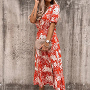 Maja | Damen Sommerkleid Blumenmuster V-Ausschnitt Schlitz – Rot