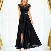 Rona | Damen Spitze Maxi Kleid Abendkleid Chiffon Schlitz Gala – Schwarz