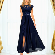 Rona | Damen Spitze Maxi Kleid Abendkleid Chiffon Schlitz Gala – Marineblau