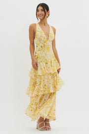LISA | Florales Volant Maxi Kleid – Gelb
