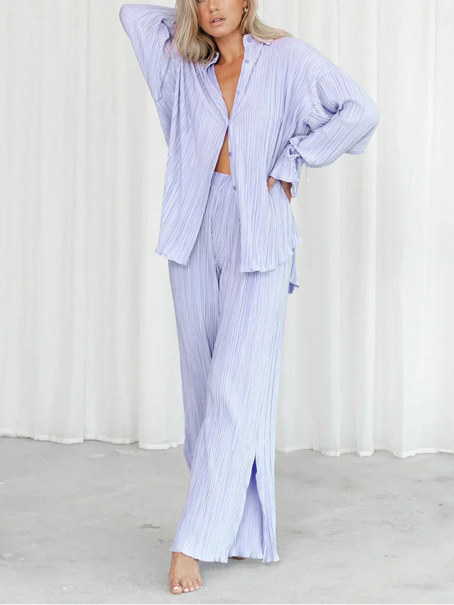 Damen Plissee Set zweiteilig | Bluse und Weite Hose für Trendige Outfits