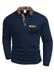 Arlen - Kariertes Langarm-Poloshirt mit Soft-Touch-Finish – Marineblau