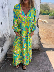 Solstice Bloom Boho Maxikleid mit Taschen – Grün