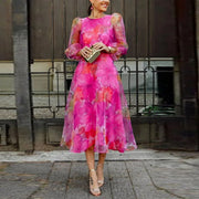 Mich | Damen Midikleid Blumenmuster Langarm Chiffon Festlich – Rosa