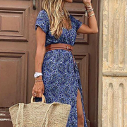 Boho-Maxikleid für Damen mit Gürtel – Blau