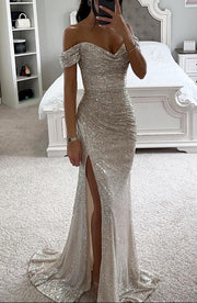 Schulterfreies Maxikleid mit Pailletten: Glamour für besondere Anlässe – Silber