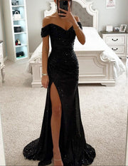 Schulterfreies Maxikleid mit Pailletten: Glamour für besondere Anlässe – Schwarz