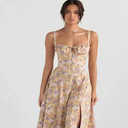 Midi-Kleid mit Blumenmuster für Damen | Korsett mit Seitenschlitz – Weißes Rosenmuster