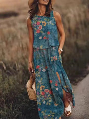 Nina | Damen Maxikleid Ärmellos Rundhals Muster Sommer – Hellblau