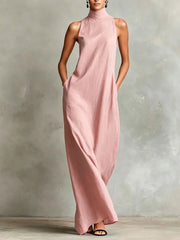 Orietta - Ärmelloses Maxikleid mit hohem Kragen – Zuckerguss Pink