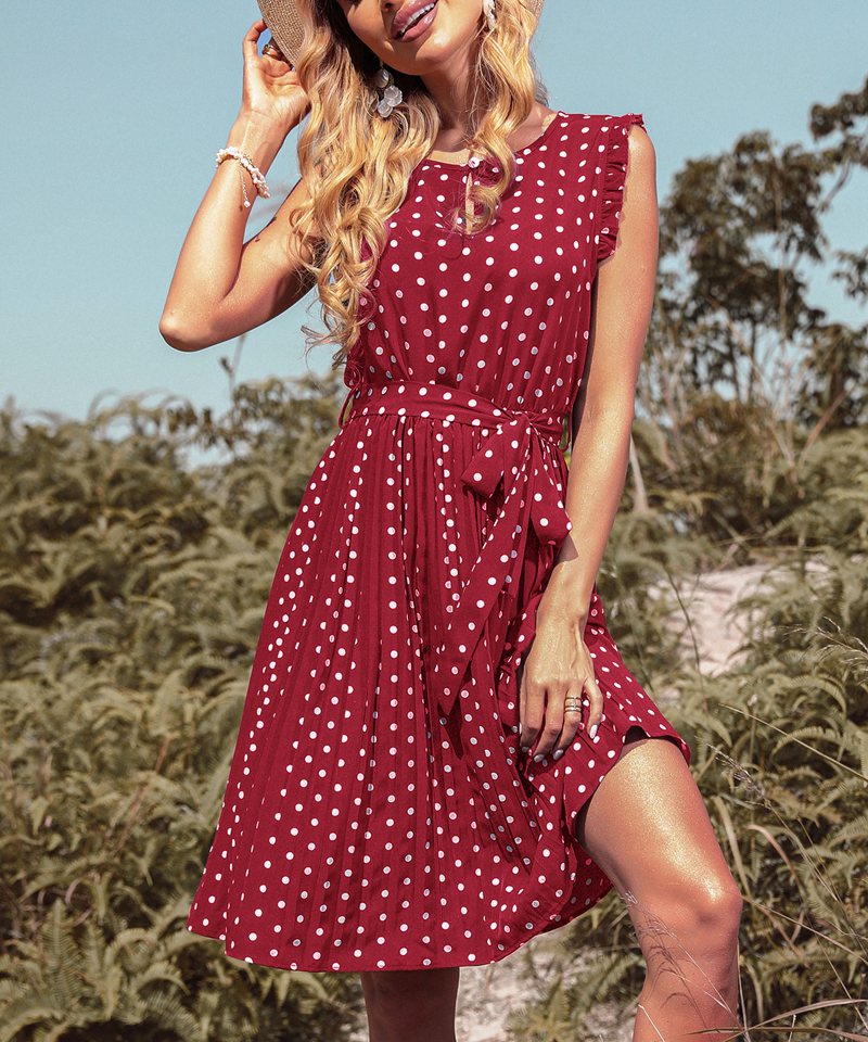 Leodessa - Damen Punkte Kleid Maxi Plissee