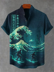 Ulric - Hemd mit Küstenmotiv und Knopfleiste – Welle-Surfer