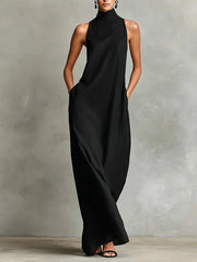 Orietta - Ärmelloses Maxikleid mit hohem Kragen – Obsidian Schwarz