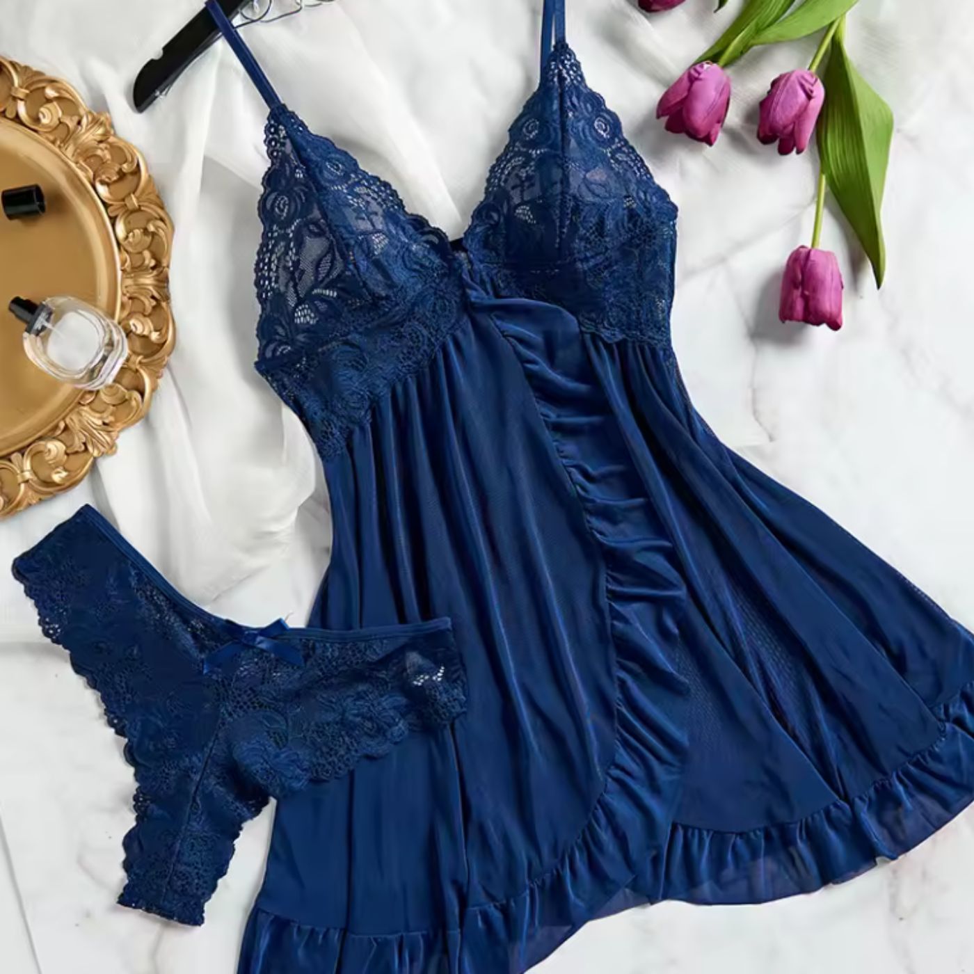 Spitzen-Babydoll | Transparente Eleganz | Verspielter Volantsaum