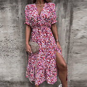 Maja | Damen Sommerkleid Blumenmuster V-Ausschnitt Schlitz – Rosa