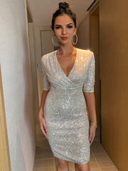 Olivia - Paillettenkleid mit V-Ausschnitt – Weiß