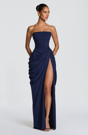 Skulpturales trägerloses Maxikleid für Damen – Elegantes Abendkleid mit perfekter Passform – Marineblau